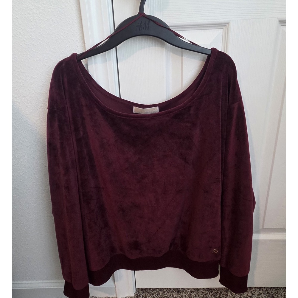 Michael Kors Velour Pullover Velvet Boat Neck Burgundy Sporty Sweatshirt L